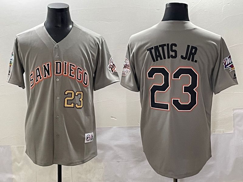 Men 2025 San Diego Padres 23 Tatis jr Grey Throwback Game Nike MLB Jersey style 3